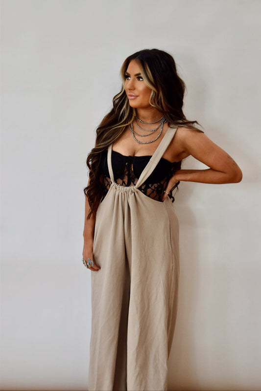 Linen knit low cut jumpsuit