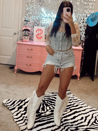 Light wash distressed denim shorts