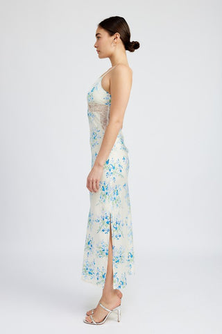 Gracesyn Blue Satin Lace Detailing Maxi Dress