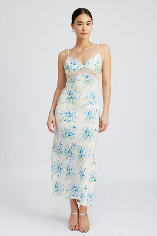 Gracesyn Blue Satin Lace Detailing Maxi Dress