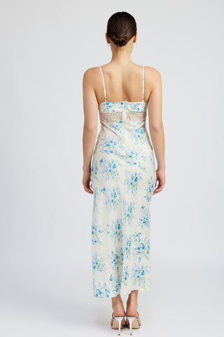 Gracesyn Blue Satin Lace Detailing Maxi Dress