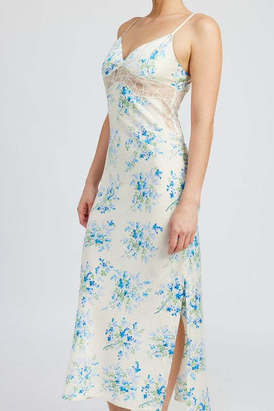 Gracesyn Blue Satin Lace Detailing Maxi Dress