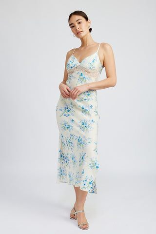 Gracesyn Blue Satin Lace Detailing Maxi Dress