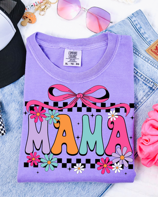 Retro spring floral checkered mama comfort colors purple tee