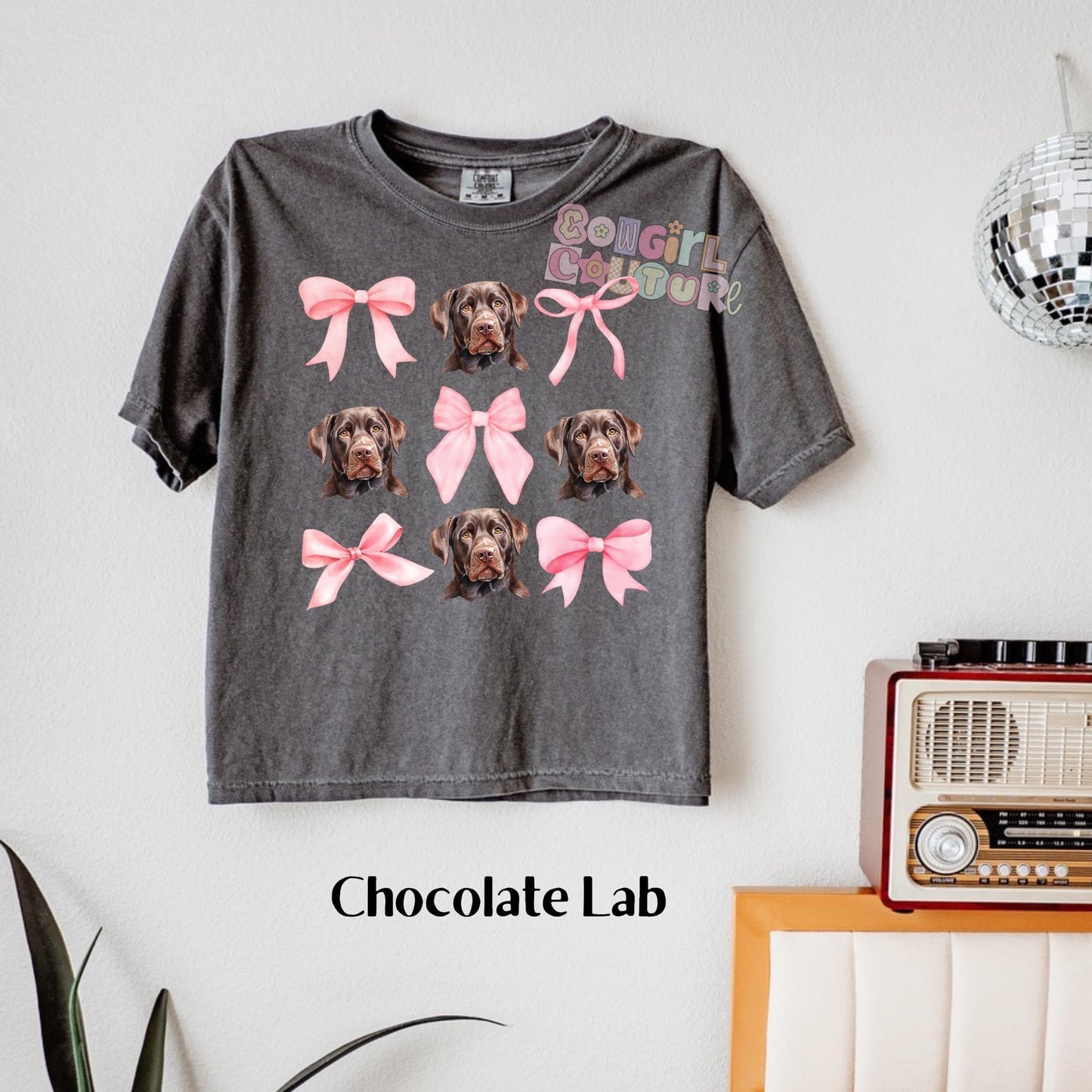 Coquette chocolate lab pink bow tee