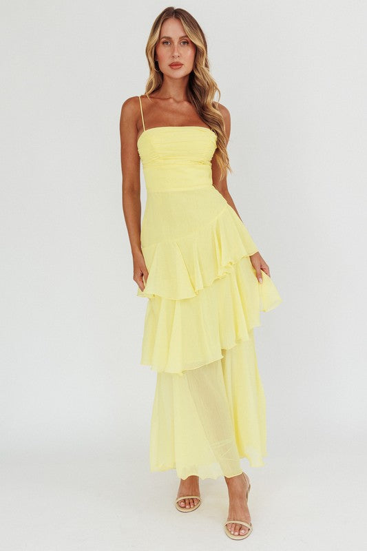 yellow ruched tiered maxi dress