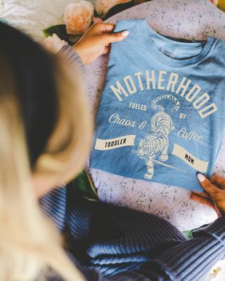 Motherhood Caffeine & Chaos washed denim comfort colors tee