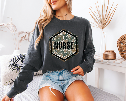 Custom Camo nurse pepper long sleeve comfort colors tee