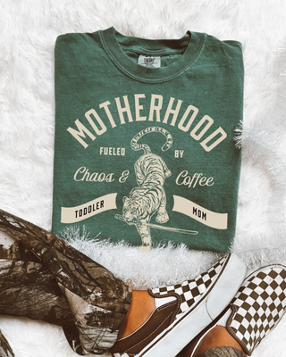 Motherhood Caffeine & Chaos blue spruce comfort colors tee