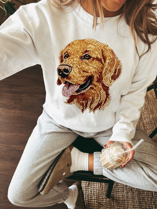 Faux rhinestone golden retriever white gildan crew