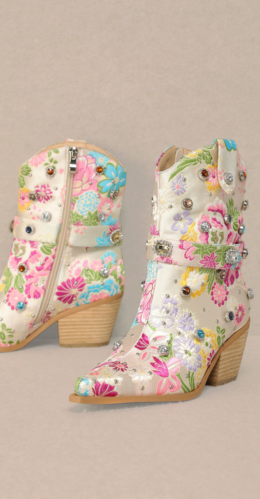 Floral Rhinestone Embroidered Detailed Boots