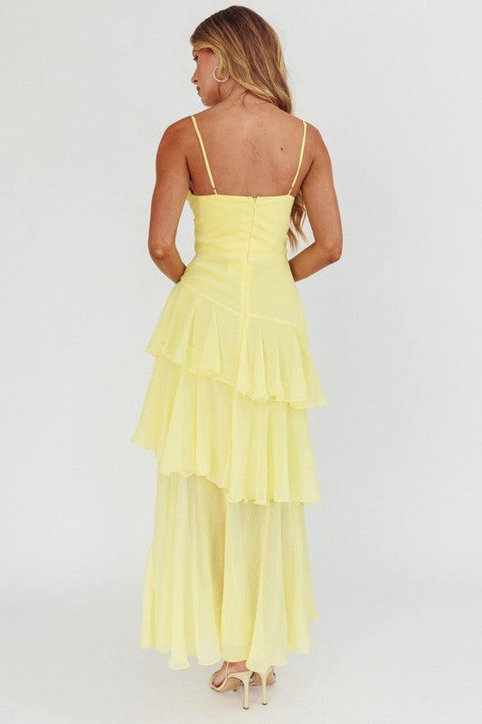 yellow ruched tiered maxi dress