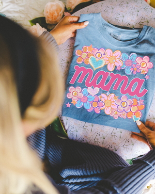 Spring Doodles Mama Comfort Colors washed denim Tee