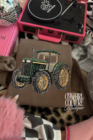 Faux Rhinestone Tractor mocha crew