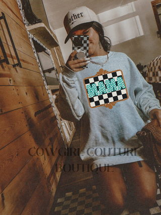 Teal Checkered Western Mama Crew