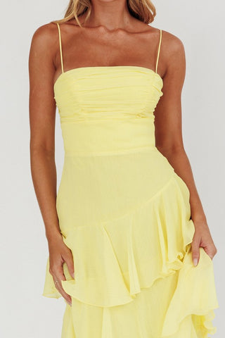 yellow ruched tiered maxi dress