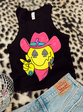 Retro Happy Cowboy Black Racerback Tank