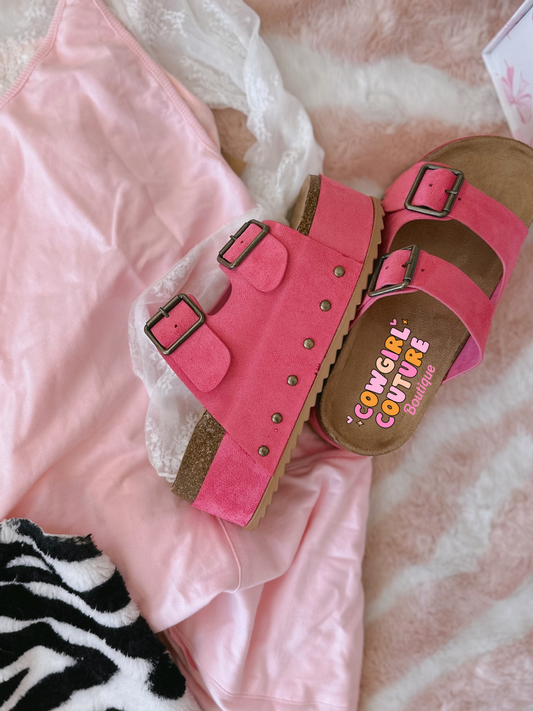 Hot Pink Thick Heel Buckle Sandals