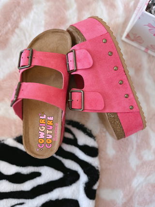 Hot Pink Thick Heel Buckle Sandals