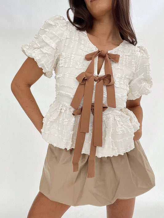 Bubble Baby Doll Bow Detailed Blouse