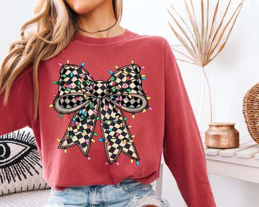 checkered christmas light bow crimson comfort colors long sleeve tee