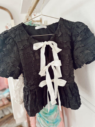 Bubble Baby Doll Bow Detailed Blouse in black and cream