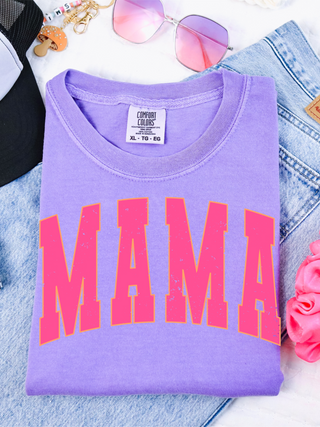 Pink and orange varsity mama comfort colors violet tee